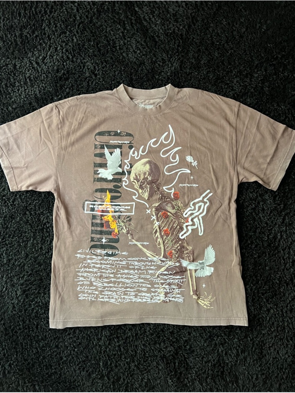 Graphic Short Sleeve T-Shirt in Brown with Skeleton Print